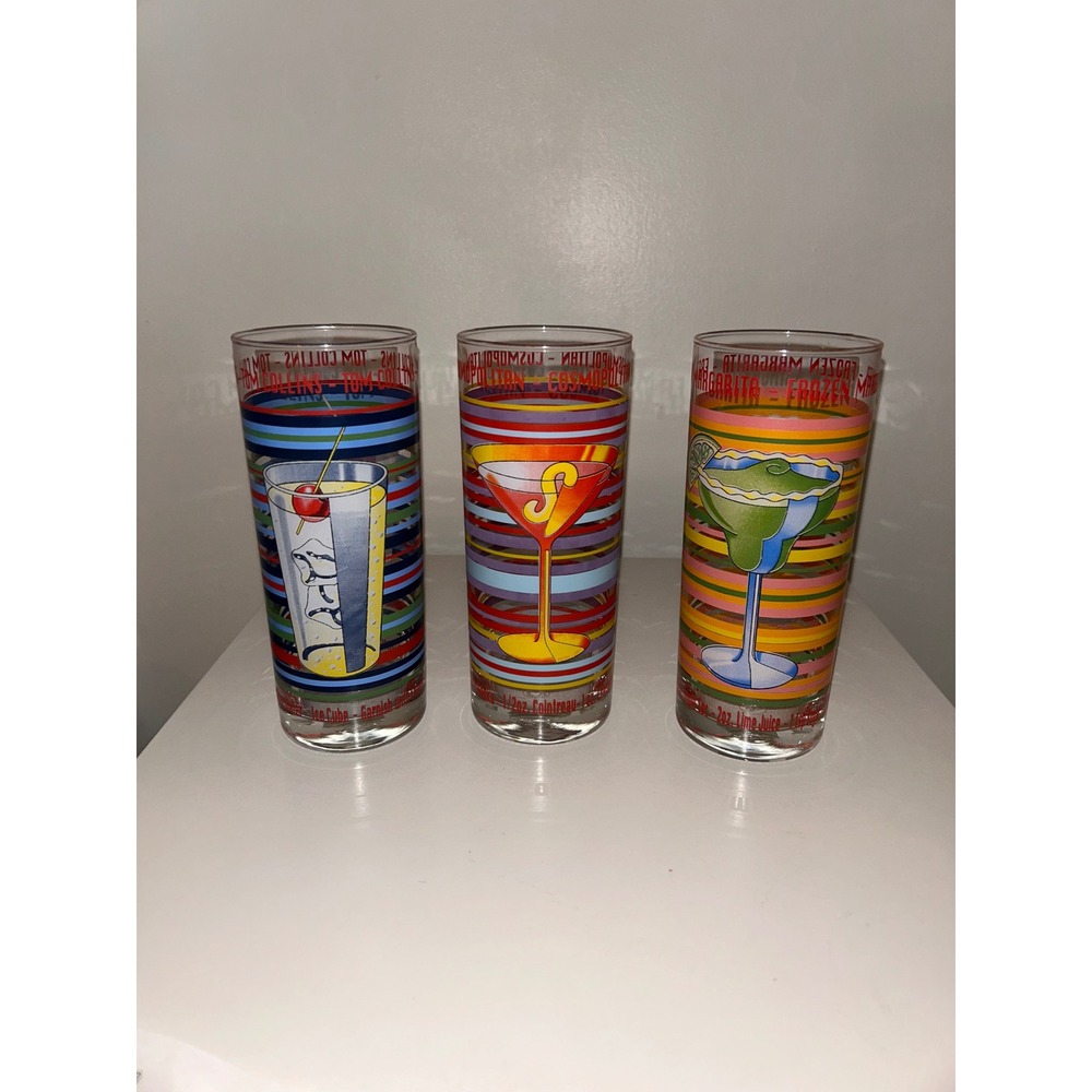Vtg Cocktail Recipe Highball Glasses Set of 3 Margarita Cosmopolitan Tom Collins